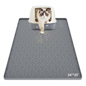 GokeLQ Cat Litter Mat Waterproof, 34" x 23" Non-Slip Silicone Large Cat Litter Mat, Cat Litter Box Mat for Litter Trapping, Easy to Store Kitty Litter Mat, Dark Gray