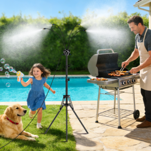 Upgraded Standing Misters for Outside Patio, 5.3ft Adjustable Height Patio Cooling Mister with 32.8ft Line, Brass Mist Nozzles, UV-resistant Tubes, Water Filter, Portable Misting System for Trampolin