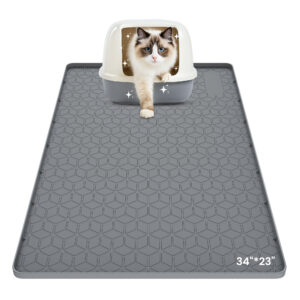 GokeLQ Cat Litter Mat Waterproof, 34" x 23" Non-Slip Silicone Large Cat Litter Mat, Cat Litter Box Mat for Litter Trapping, Easy to Store Kitty Litter Mat, Dark Gray
